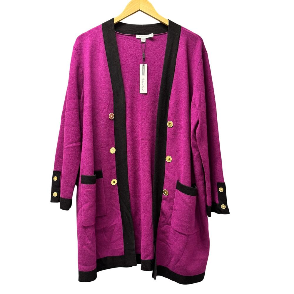 Chico's Sweater Jacket Womens Large Open Cardigan Sweet Berry Knit Duster NEW‎